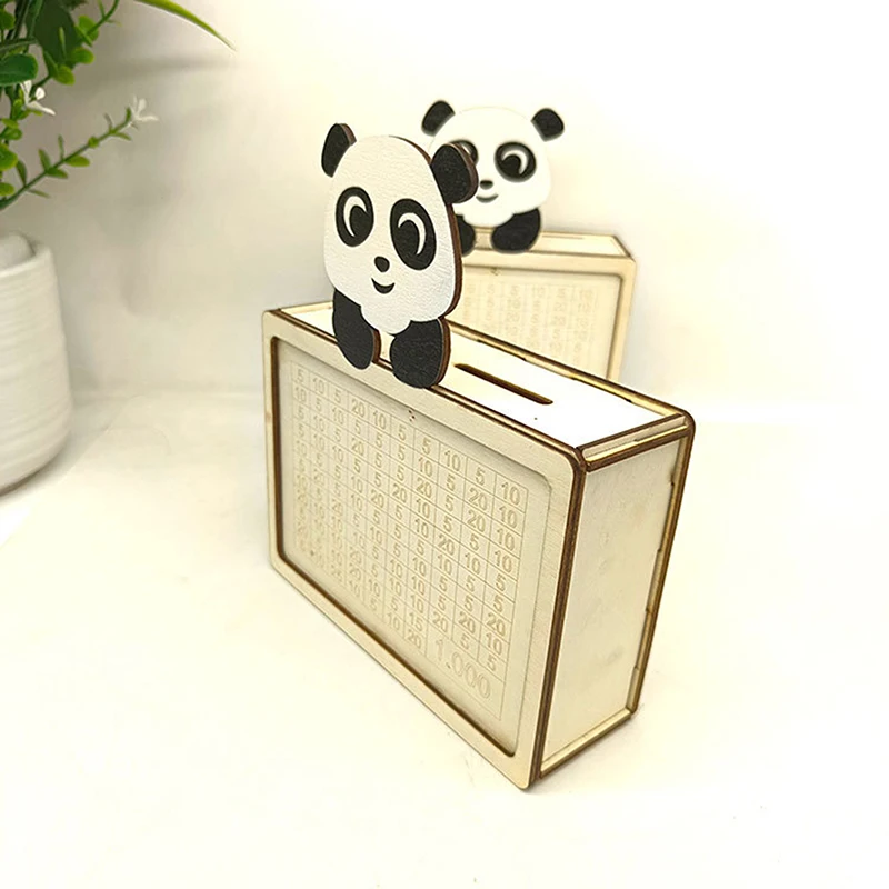 Reusable Cartoon Panda Money Saving Box Wooden With Goals Counter Money Storage Bank