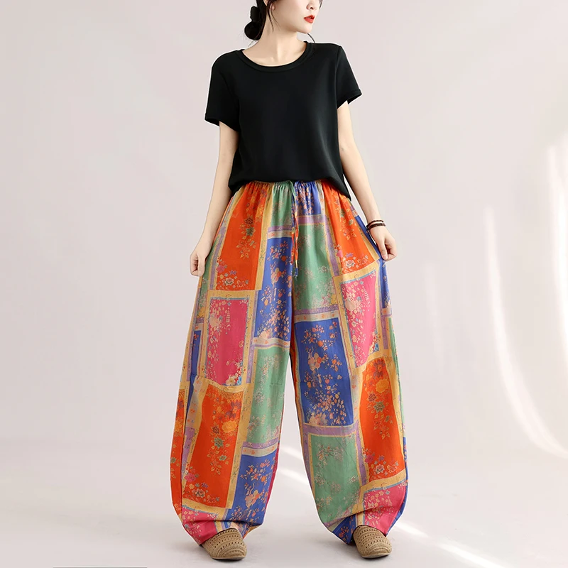 High-Definition Early Autumn Retro Casual Versatile High-Definition Raindrop Flax Print Arc Blade Pants Women's Casual Pants