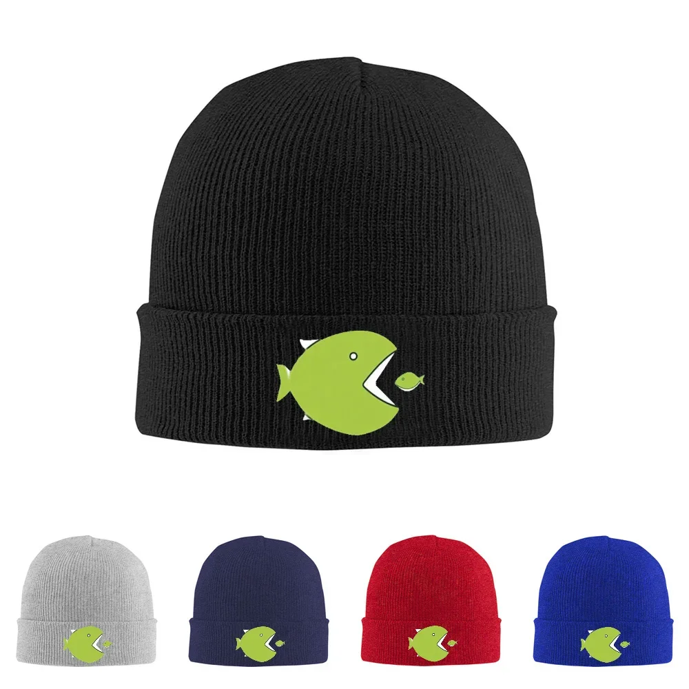 2026 Big fish eats small fish. Hungry design. Men Women Unisex Knitted Hat Beanie Pullover Cap Winter Thermal Warm Christmas Out