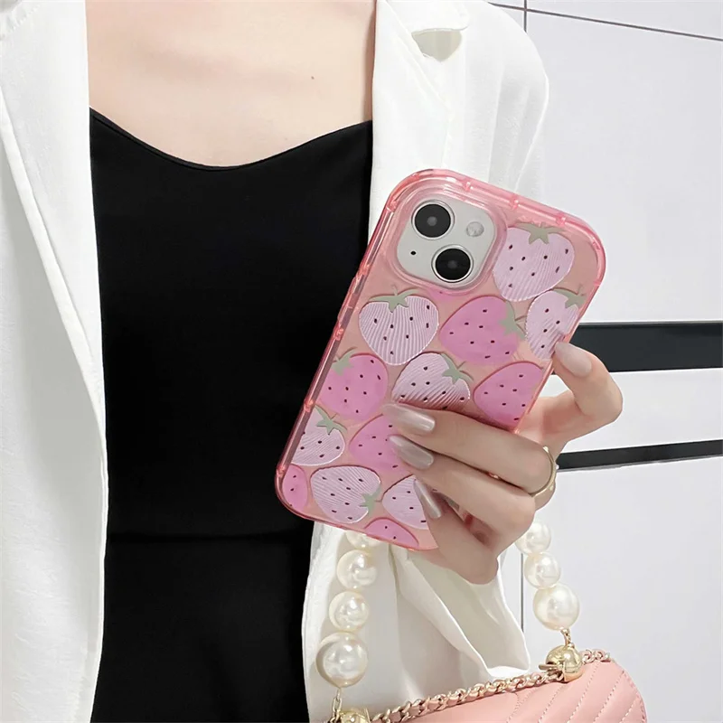 ピンクのストロベリーパターンの電話ケース,シルバーのモスリンデザインの電話ケース,iPhone 15,14,13 pro max,15pro用の素敵な保護ケース