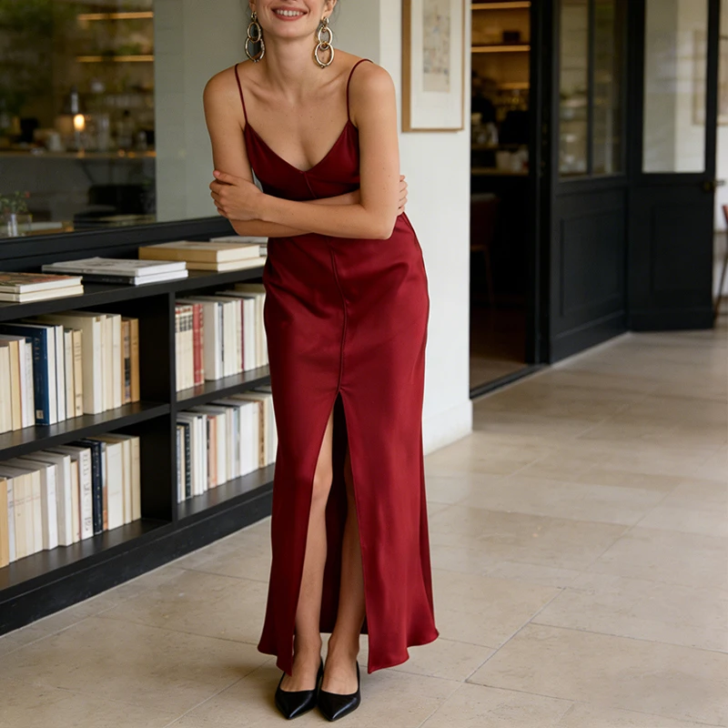 เดรสยาวผ้าซาตินสายเดี่ยวบางเบาสำหรับผู้หญิง คอวีลึก เปิดหลัง ผ่าข้าง ดีไซน์หรูหราและเซ็กซี่ เหมาะสำหรับใส่ทำงานหรือออกเดท  ชุดเดรสผู้หญิง Trafizaran