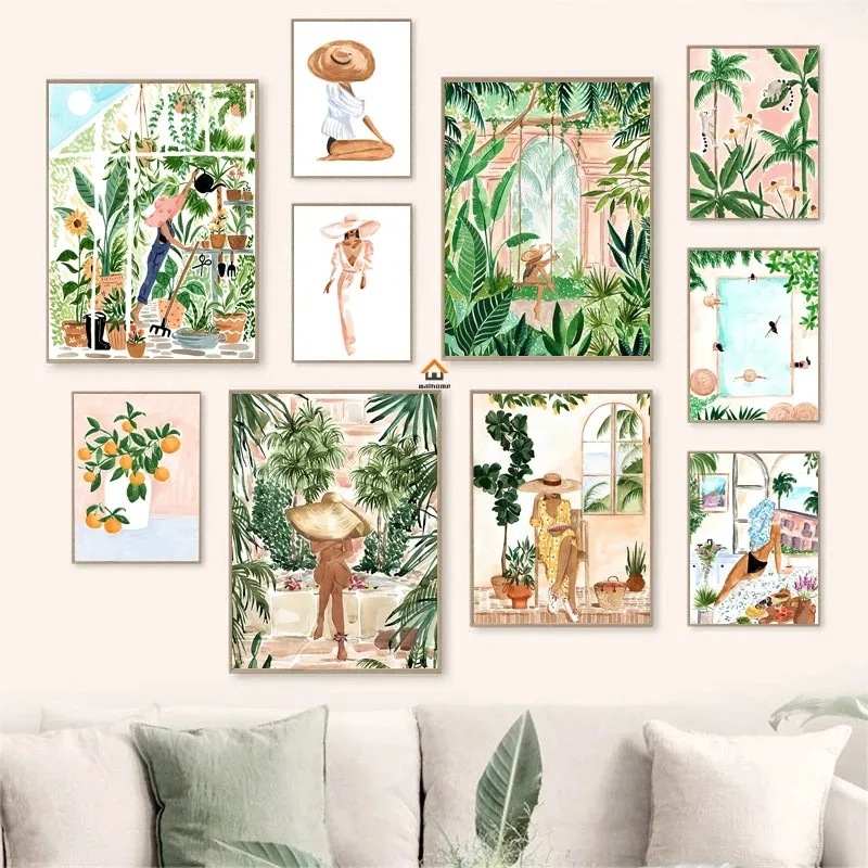 Fashion Moroccan Women Natural Tropical Jungle Posters and Prints Boho Canvas Painting Nordic Wall Art Home Decor