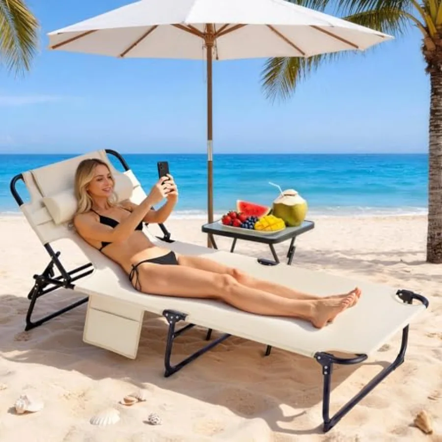 3-in-1 sun tanning chair for pool beach patio camping, beige polyester fabric, 5-position adjustable folding chaise lounge with