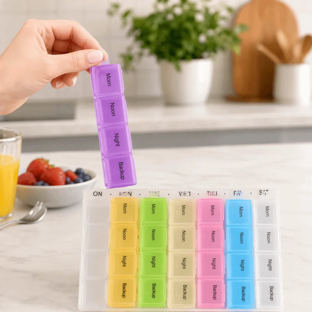 8pcs 28 Compartments Weekly Tablet Organizer Assorted Colors Plastic Pill Organizer Case Removable Transparent 4 Times a Day