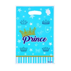 10pcs/lot Baby Shower Party Kids Favors Prince Princess Blue Pink Crown Theme Plastic Loot Bags Birthday Decorate Gifts Bags