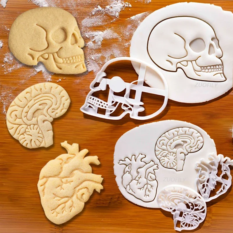 2022 Halloween Skull Brain Organs Cookie Cutters Plastic 3D Cartoon Pressable Biscuit Stamp Chocolate Mold Cake Decorating Tools