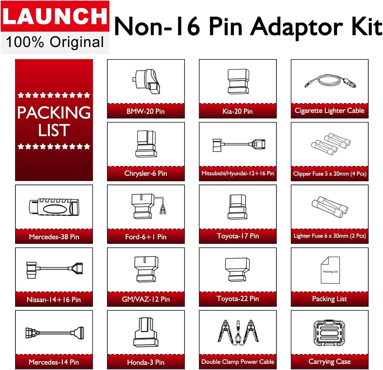 LAUNCH Non-16 Pin Adapter Kit OE-Compliant Connectors Compatible for All LAUNCH X-431 Diagnostic Tool [Pro3s,pro v5.0,pad v etc]