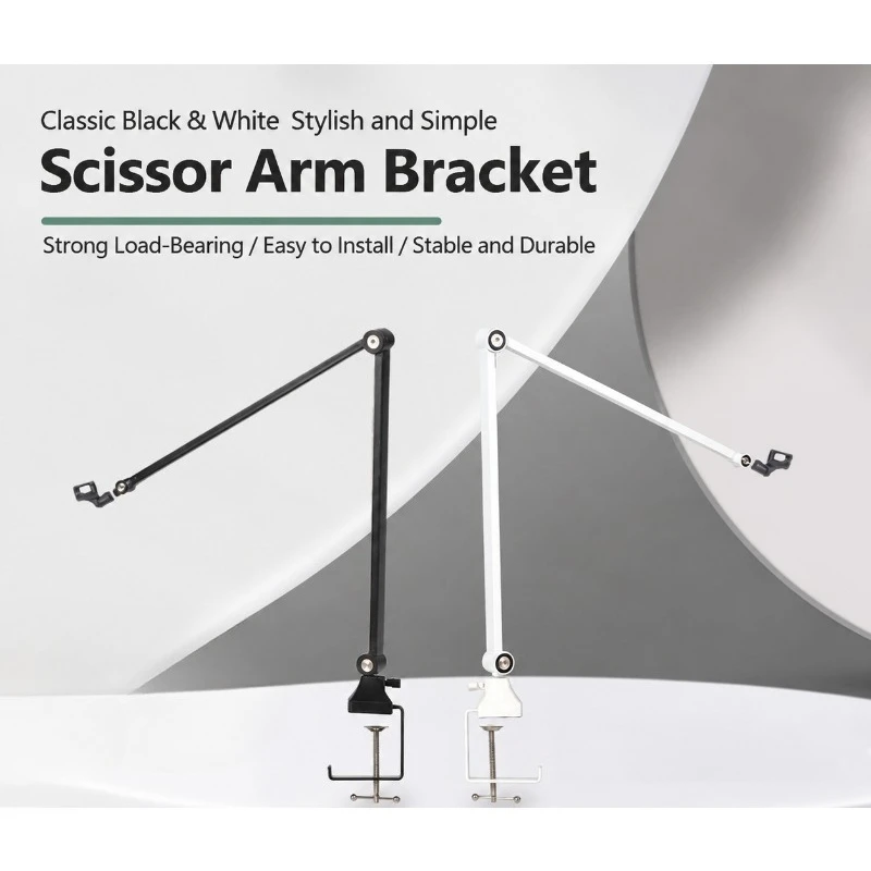 Universal Cantilever Microphone Stand White No-Spring Foldable Boom Arm for Phone Tablet Live Streaming Lazy Holder, Adjustable