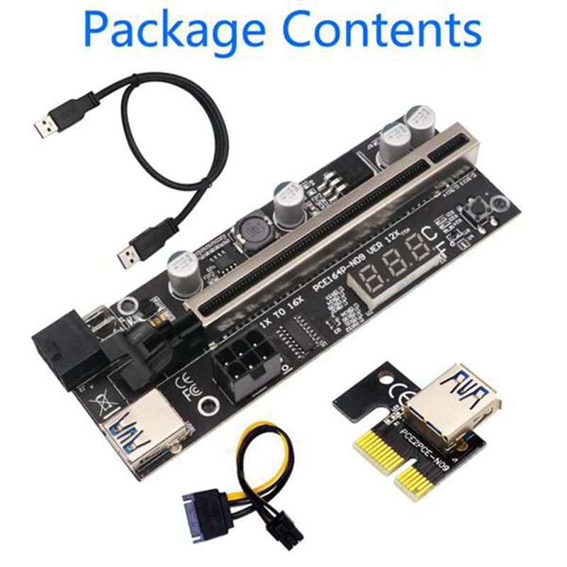 Paquete de 6 tarjetas elevadoras PCIE Riser 1X a 16X, extensión gráfica con Sensor de temperatura para Bitcoin GPU Mining Riser adaptador