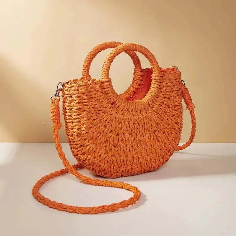 

Handwoven Straw Rattan Half-Moon Beach Handbag Large Capacity Women Summer Hollow Out Crossbody Shoulder Bag