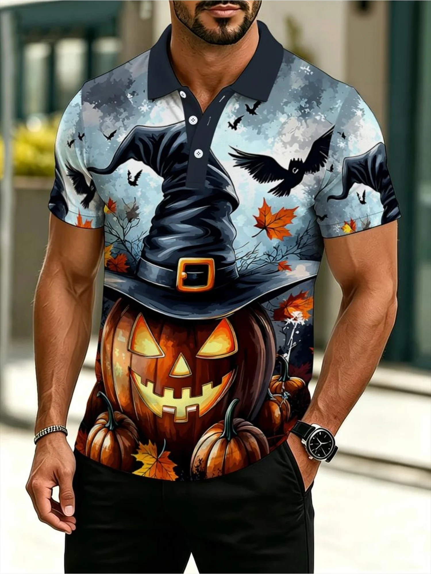 Men Halloween Pumpkin Print Polo Shirt Short Sleeve Breathable button Polo Shirts Casual Halloween Festival Party polo Tops