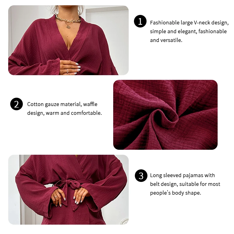 100% Cotton Women\'s Nightgowns Robe Kimono Pajama Set Sleepwear Trouser Suits Drop Sleeves Set Woman 2 Pieces Bathrobe For Women