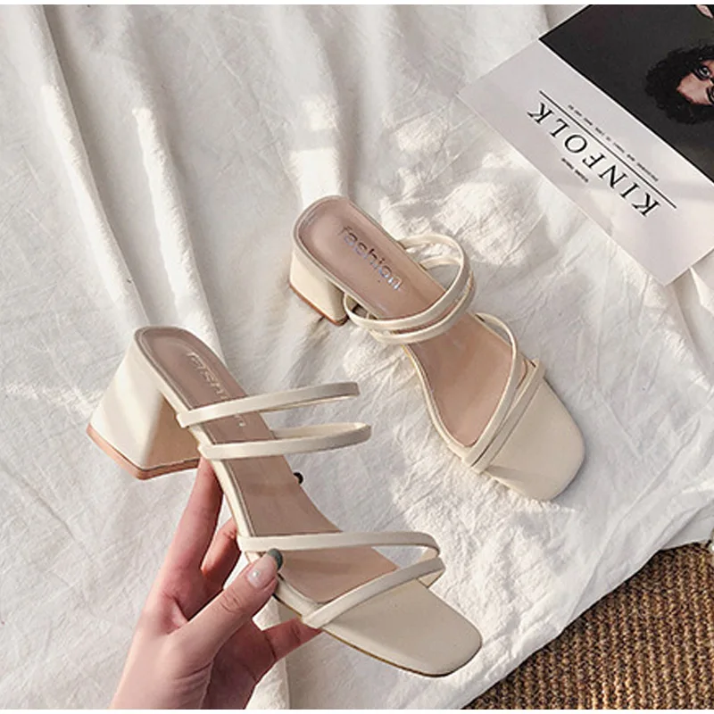 

Women Sandals Ladies Square Heels Elegant Summer Slippers Outside Cross Tied Leather Female Slides Fashion Woman Sandals