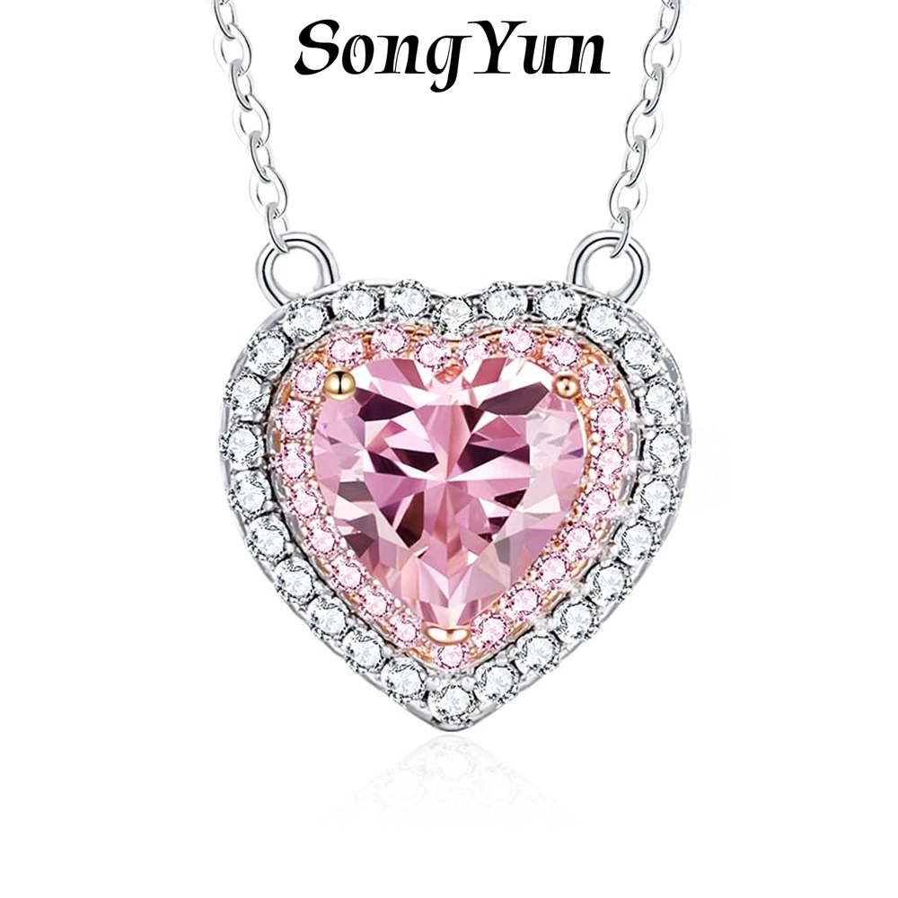 SONGYUN High Carbon Gemstones Jewelry 925 Sterling Silver Pink‑Diamond Heart‑Shaped Necklace For Women, Two‑Tone Gold‑Plated