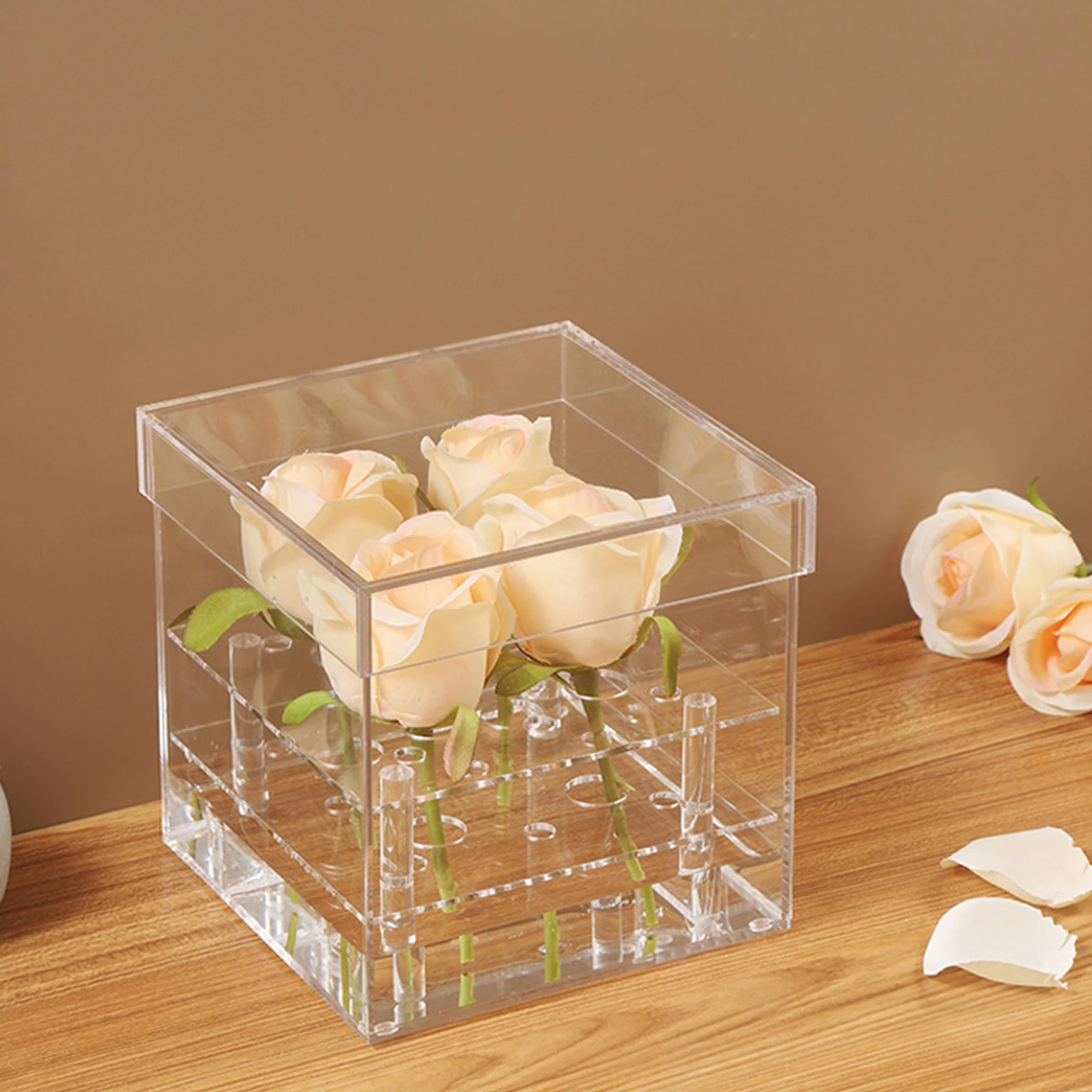 

Clear Acrylic Flower Vase 2 Tiers Display Case Artificial Flower Bouquet 16 Holes Acrylic Flower Box for Desktop Valentine'S Day