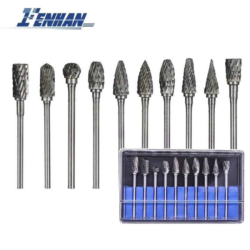 

Rotary Burrs Set 3mm Shank Routing Router Drill Bits Tungsten Carbide Milling Cutter Double Cut Rotary Files 10pcs