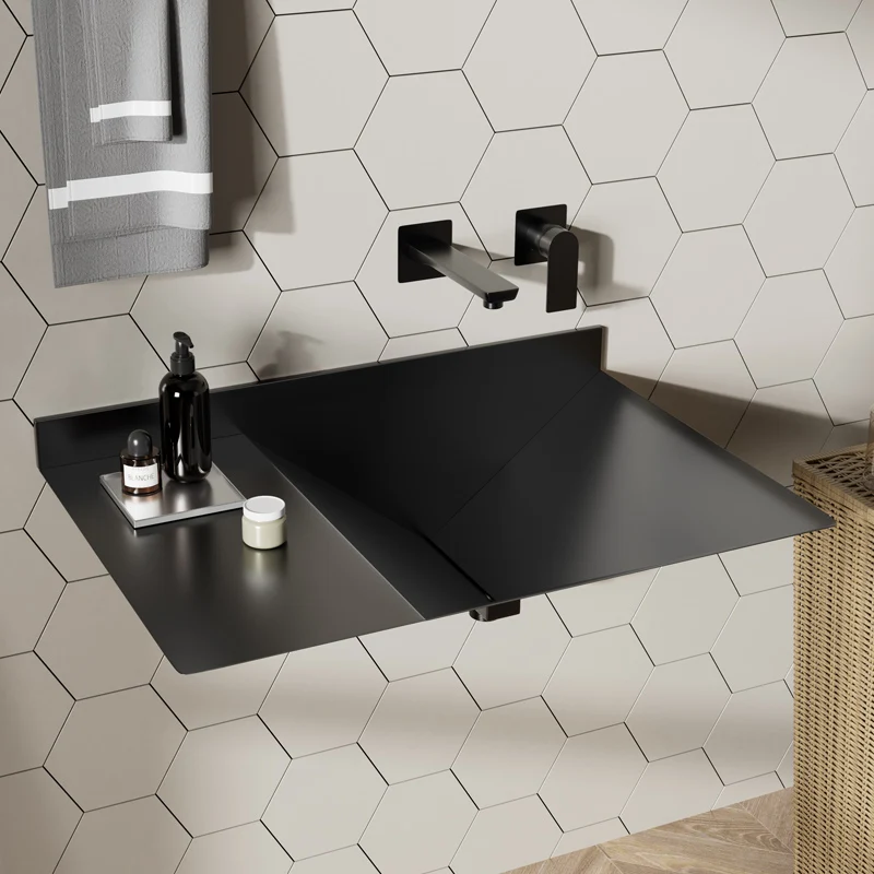 

Черная настенная раковина из нержавеющей стали. Креативная раковина для ванной комнаты отеля. Умывальник настенный удлиненный.