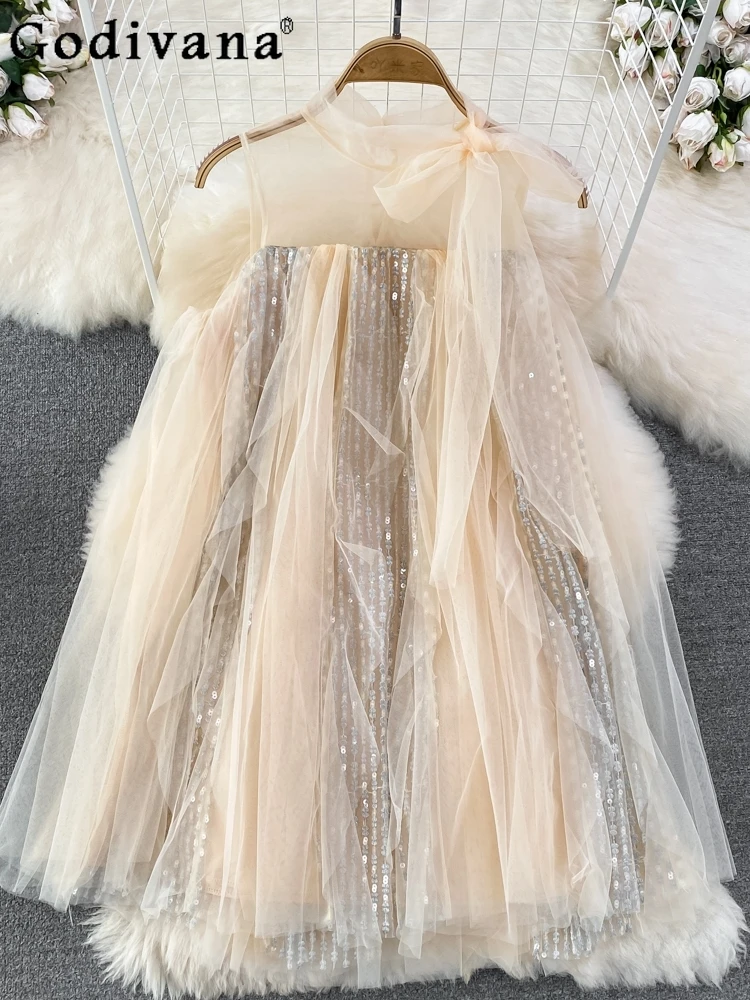 

Elegant French Loose Round Neck Sleeveless Sweet Gentle Fairy Dress 2025 Summer New Sequined A-line Gauze Korean Apricot Dresses