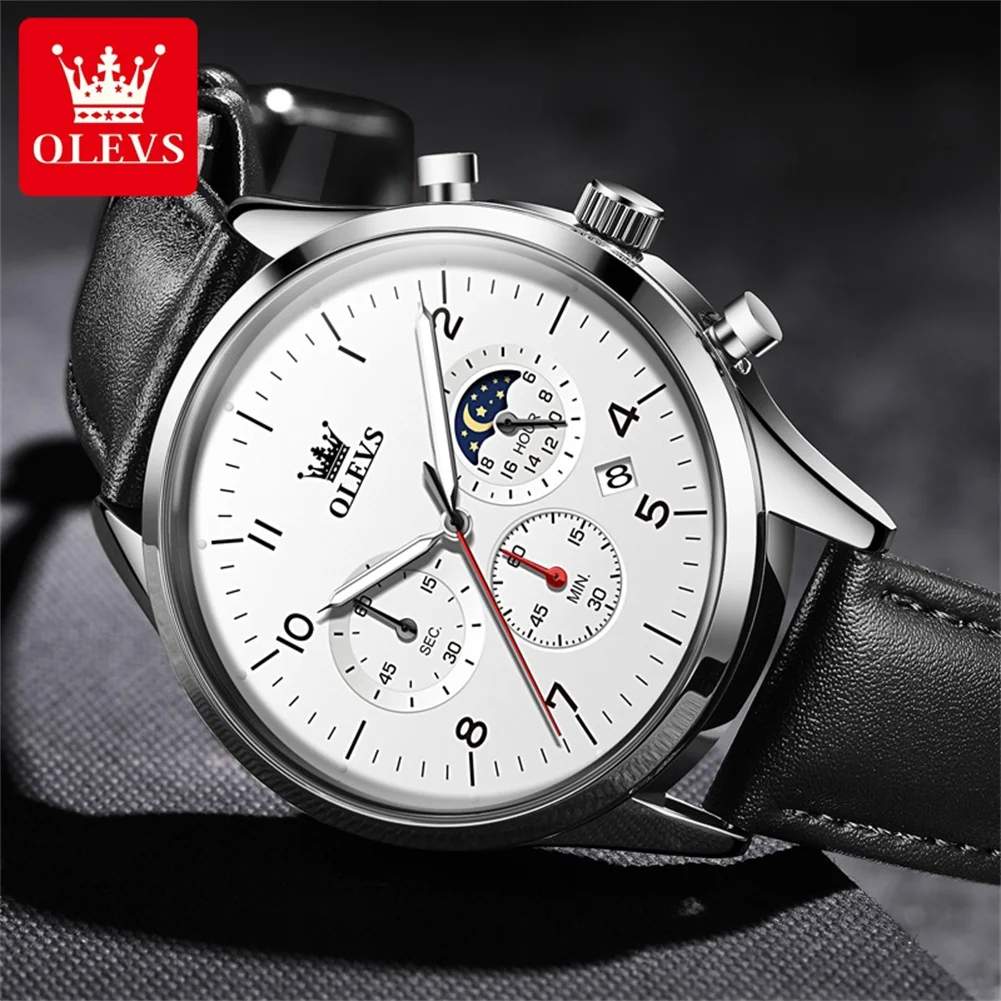 OLEVS 2882 Chronograph Number Scale Quartz Man Watches 24 Hour Moon Phase Leather Watch For Men Waterproof Fashion Wristwatch