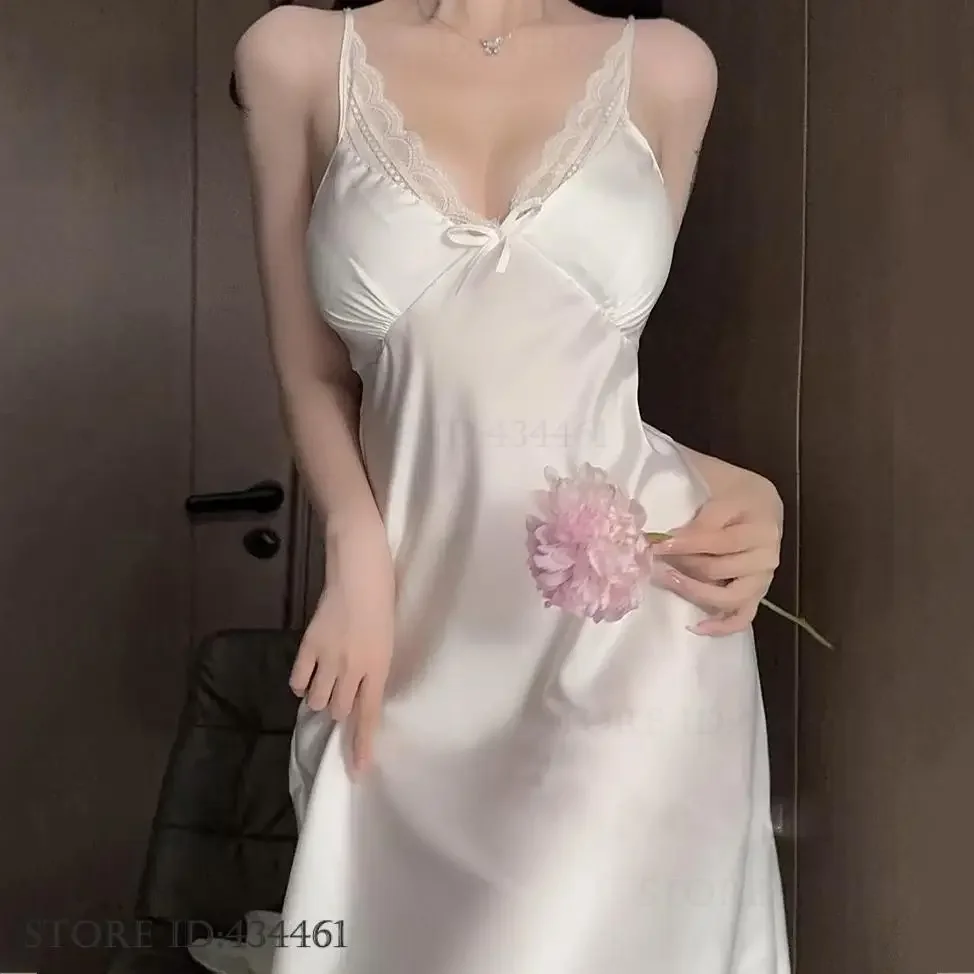 

Female Sleep Dress Nightgown Sexy Lace Suspender Nightdress Intimate Lingerie Silky Satin Mini Home Dressing Gown Lounge Wear