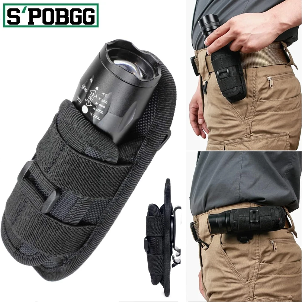 Flashlight Pouch Holster,Rotatable Flashlight Holder Belt Clip Tactical Torch Carry Case with 360 Degree Carabiner Reel Clip