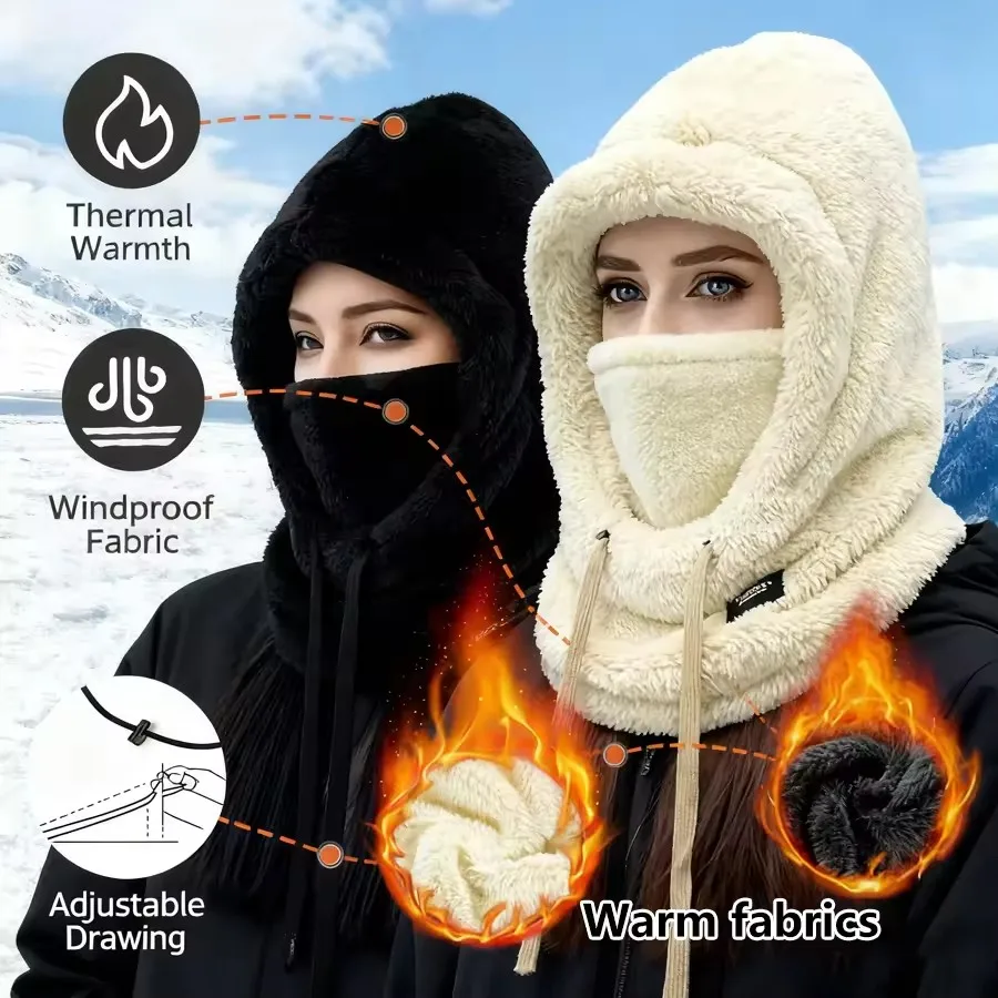 Winter Solid Color Balaclava Drawstring Face Insulation Cover Women Adjustable Thick Integrated Neck Cover Full Face Mask Riding