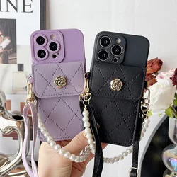 Pearl Strap Case For iPhone 17 16 14 13 12 11 15 Pro Max Plus X Wallet Card Slot Flower Crossbody Cord Lanyard Bumper Bag Cover
