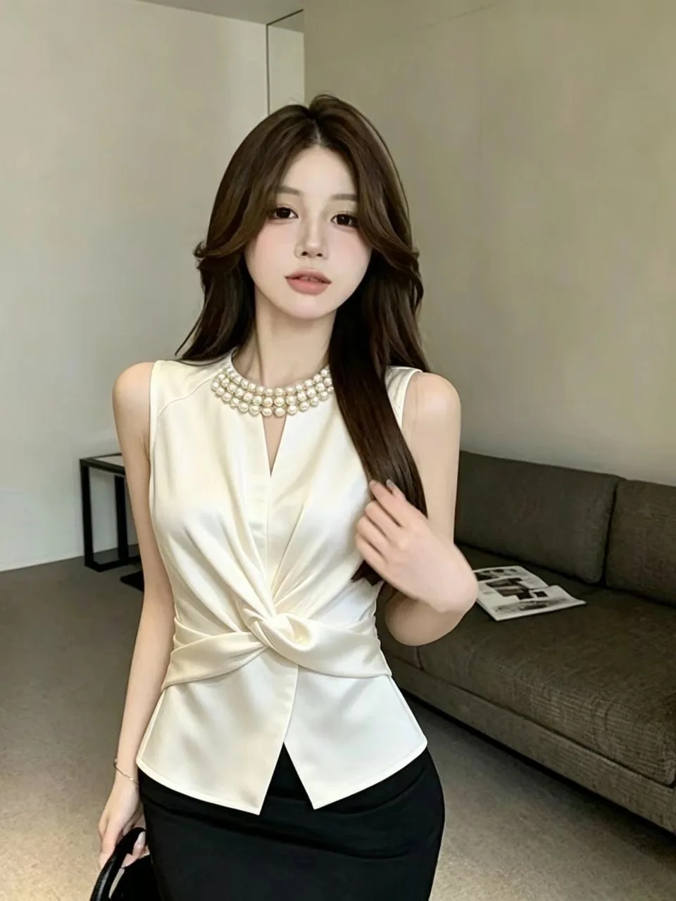  Satin Sleeveless Shirt Women's Fashion Design Knot Waist Cinching Top Multiple Colors Available Elegant Minimalist ...