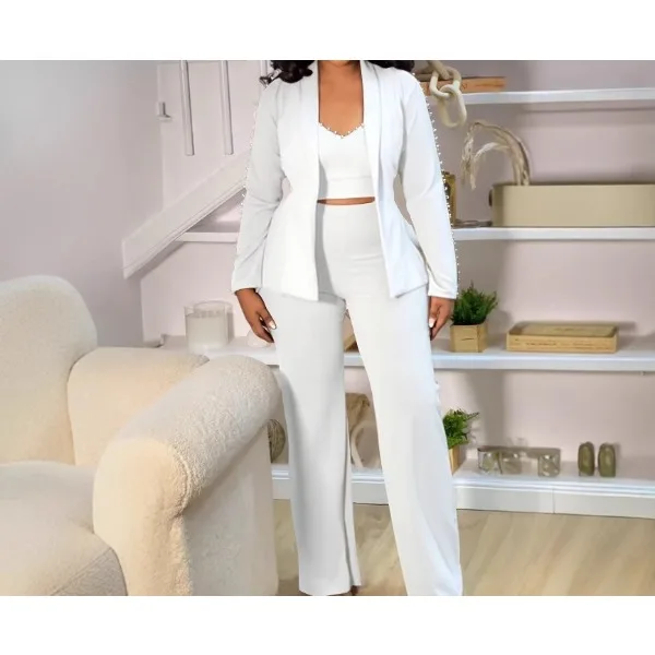 

Suit Jacket Set Women Pearl Decorated with Exposed Navel Straps High Waisted Straight Leg Pants 2025 Autumn Three Piece Outifits