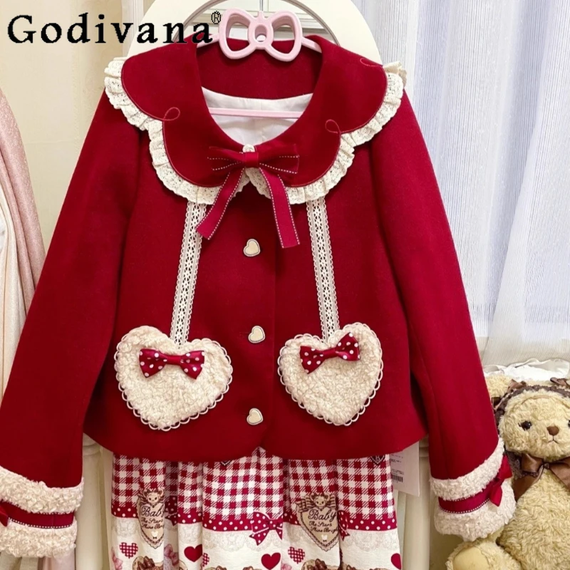 

Vintage Style Autumn Winter Short Woolen Coat WOMEN Christmas New Year Sweet Coat Female Cute Lolita Thickened Overcoat