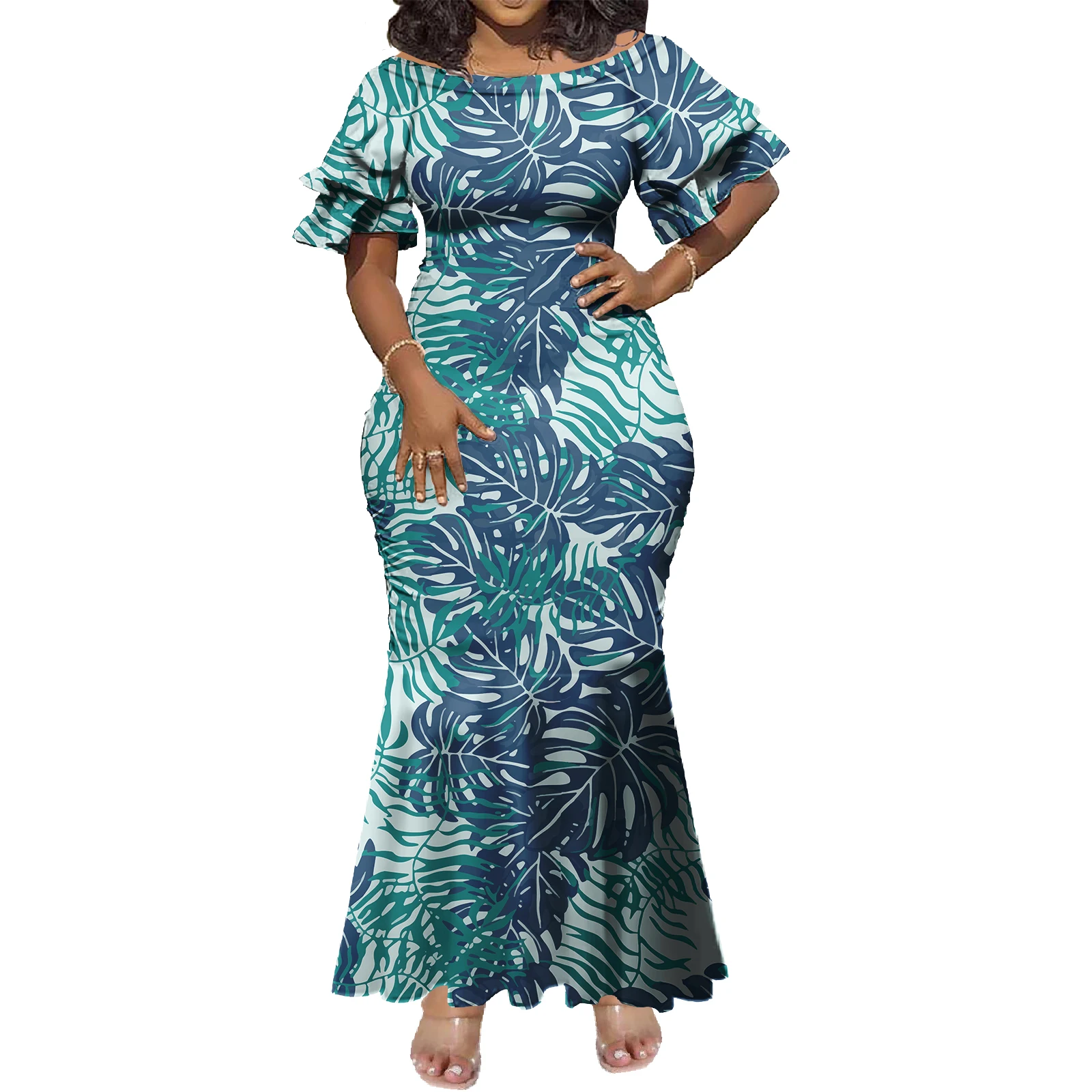 Customize Pacific Island Art Trumpet Mermaid Dress Polynesian Short Sleeve Fishtail Dress Plus Size Womens Dresses