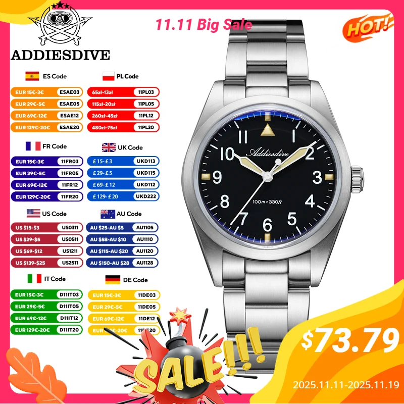 

ADDIESDIVE VH31 Quartz Watches 36mm Bubble Glass Titanium Alloy Strap Waterproof Sports Men Watch C3/BGW9 Luminous Reloj Hombre