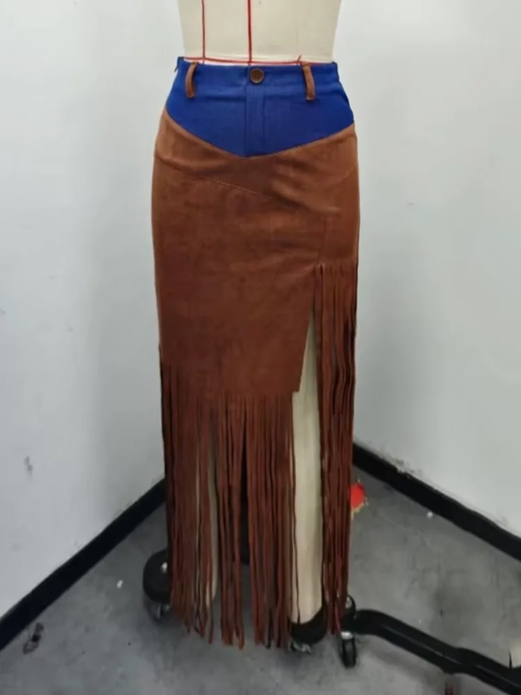 

Винтажная женская юбка с кисточками, замшевые джинсовые юбки с высоким асимметричным подолом, повседневные уличные осенние модные женские юбки с разрезом