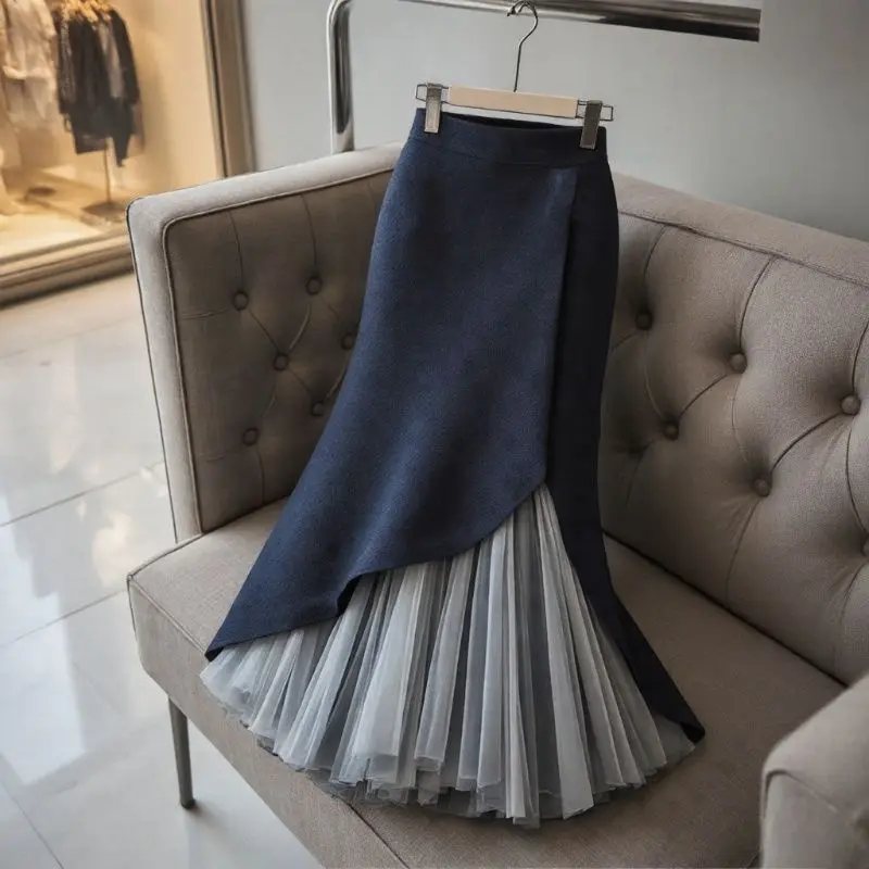 

Новая элегантная юбка-миди в стиле пэчворк для женщин, приталенная, с высокой талией, сетчатыми вставками, А-силуэт, облегающая бедра, весна