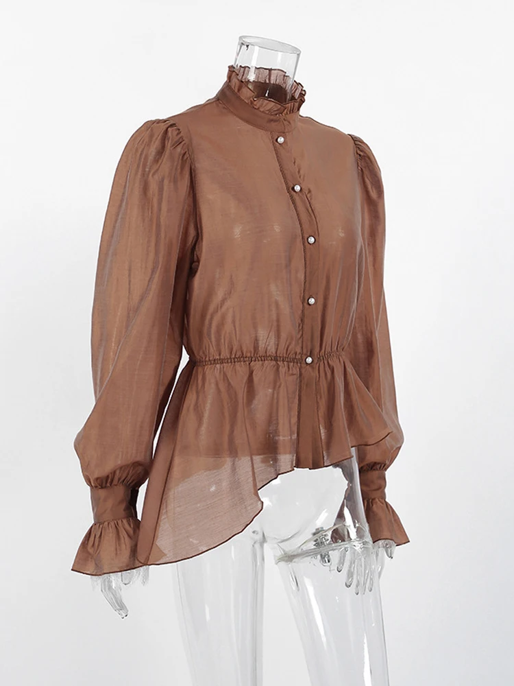 

Однотонная женская блузка из прозрачного кружева с рюшами, модная элегантная блузка с жемчужными пуговицами и баской, универсальная рубашка для свиданий 2026