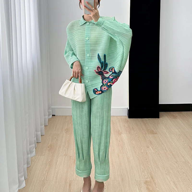 Miyake Printed Fashion Set Women's 2023 Summer New Long Sleeve Short Coat High Waist Casual Pants Fashion Two Piece Set