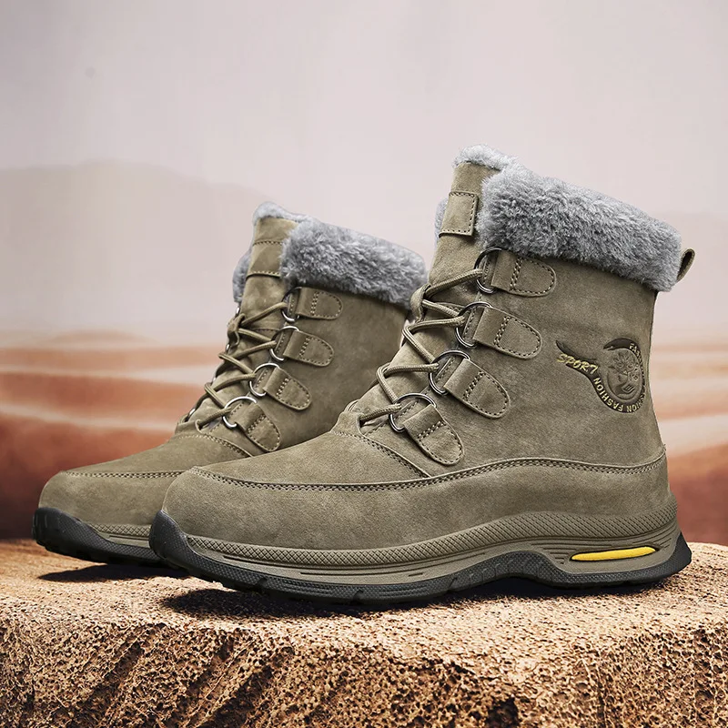 Genuine Leather Men Winter Snow Boots Fleece Lined Warm Thick Sole Outdoor High Top Shoes Cotton Boots Custom Casual