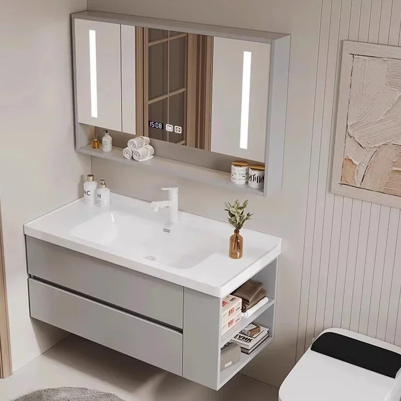 Italian Minimalism Bathroom Cabinet Smart Lighting Storage Creative Mirror Cabinet Bathroom Furniture Muebles De Lavabo FYBC
