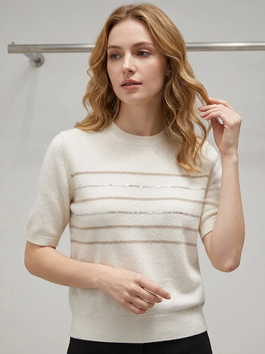 2026Women's Autumn/Winter Short-Sleeve Striped Cashmere Knit Top with Crew Neck