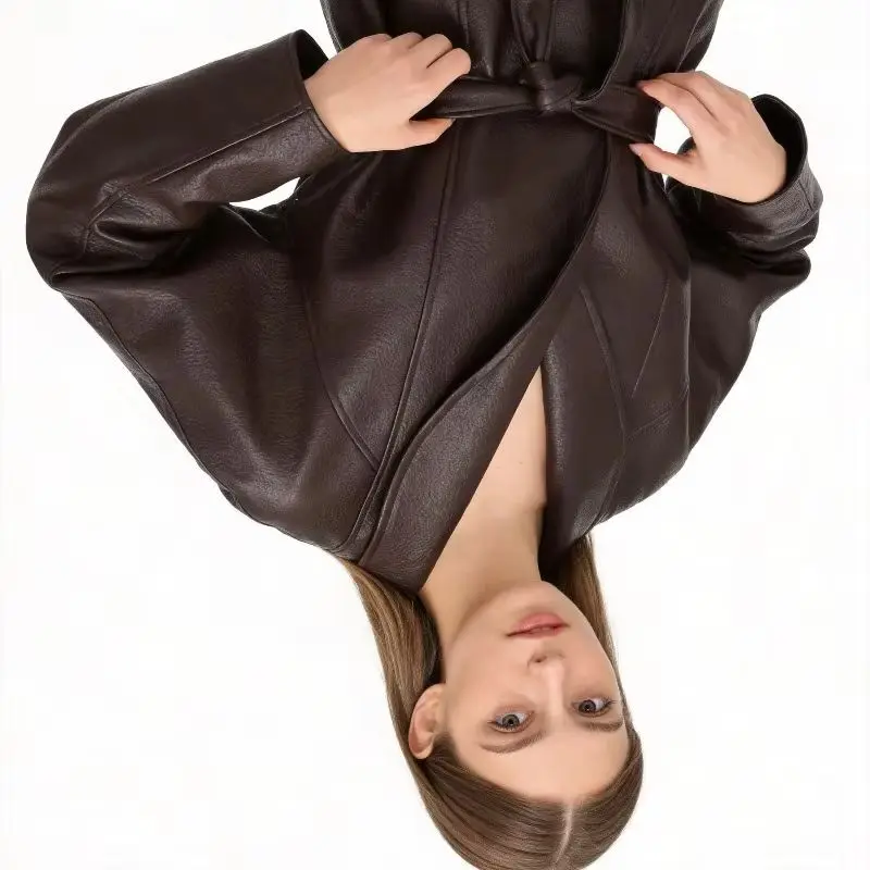 Versatile New Autumn Fashion Tren， Women's Leather Jacket with A Belt and  Cinched Waist,  Leisure Style Elegant and Stylish Top