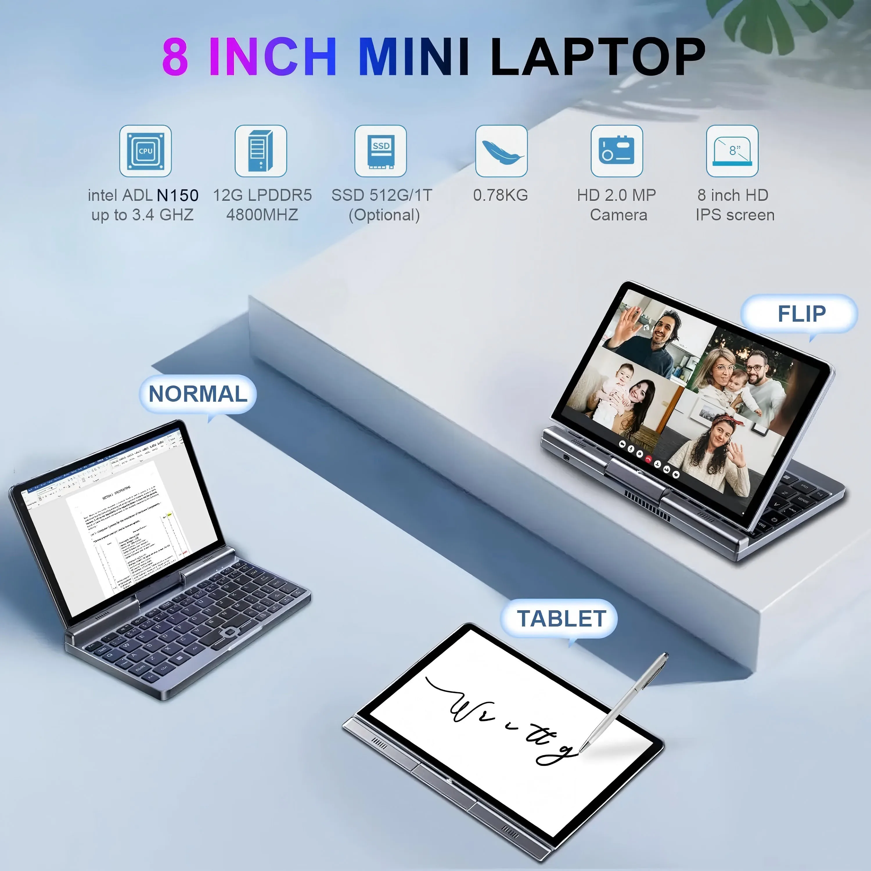 8 Inch Mini Laptop N150 Notebook IPS Touchscreen Draagbare Netbook Windows 11 Mini PC Micro Computer Bluetooth 5.2 12 GB LPDRR5