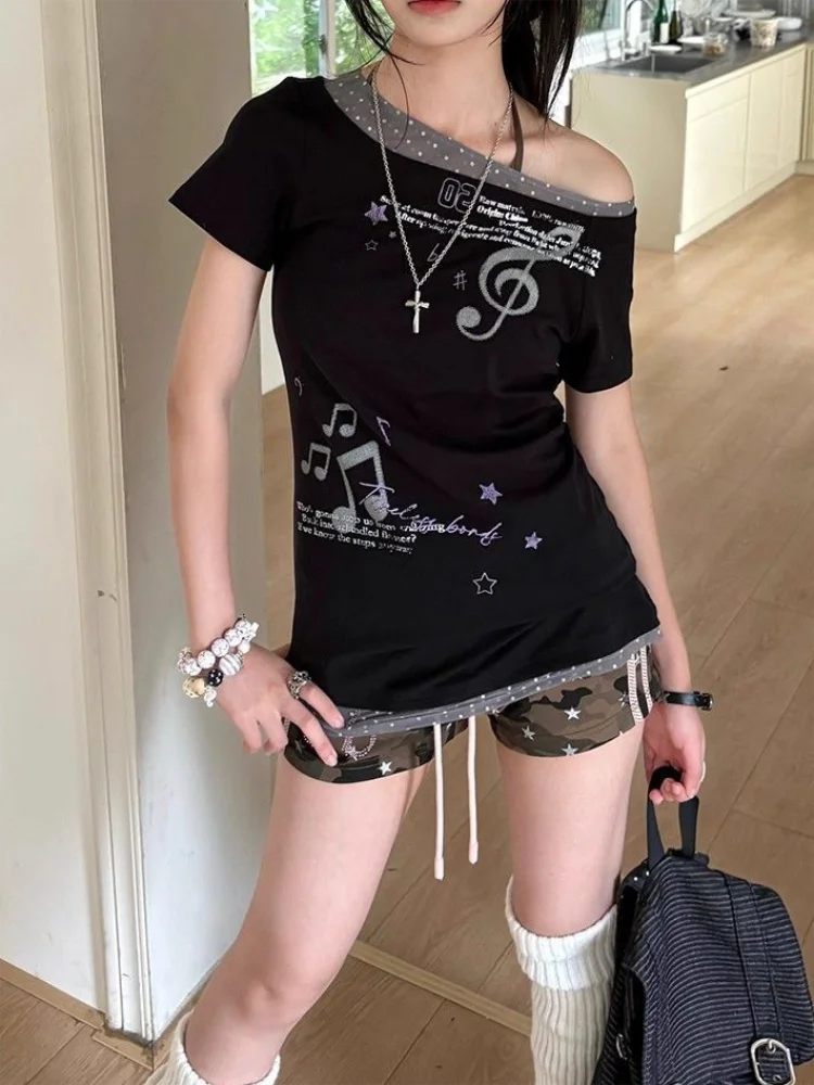 Streetwear Graphic Print T Shirts 2000s Y2k Clothes Top Women Short Sleeve Off Shoulder Sweet Vintage Tshirt False Two-piece