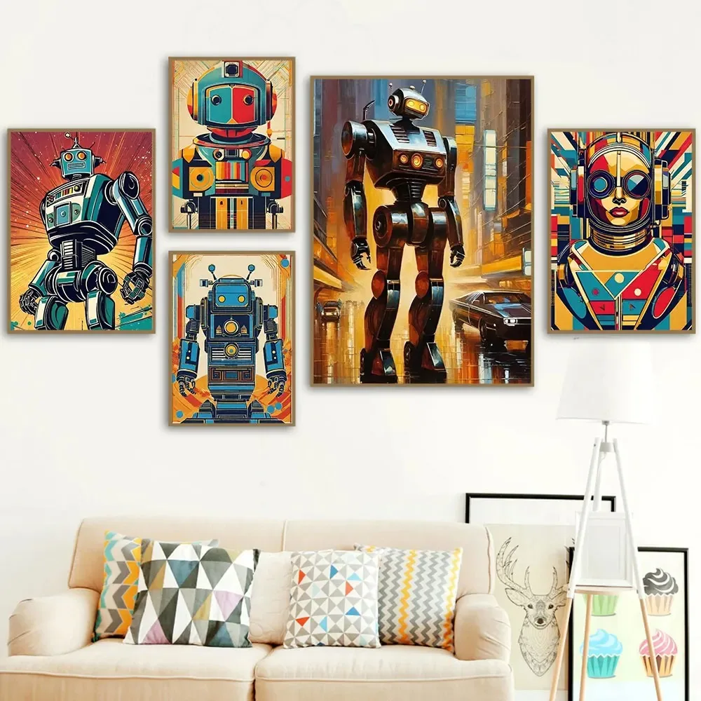 Vintage Punk Robot Classic Retro Posters and Print Canvas Painting Wall Art Pictures For Living Room Home Mural Decoration Gift