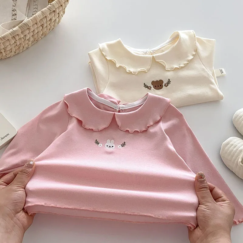 2024 New Autumn Baby Blouse Toddler Cute Embroidery Fitting Bunny Undershirt Kids Girls Bear Outwear Bottoming Shirt