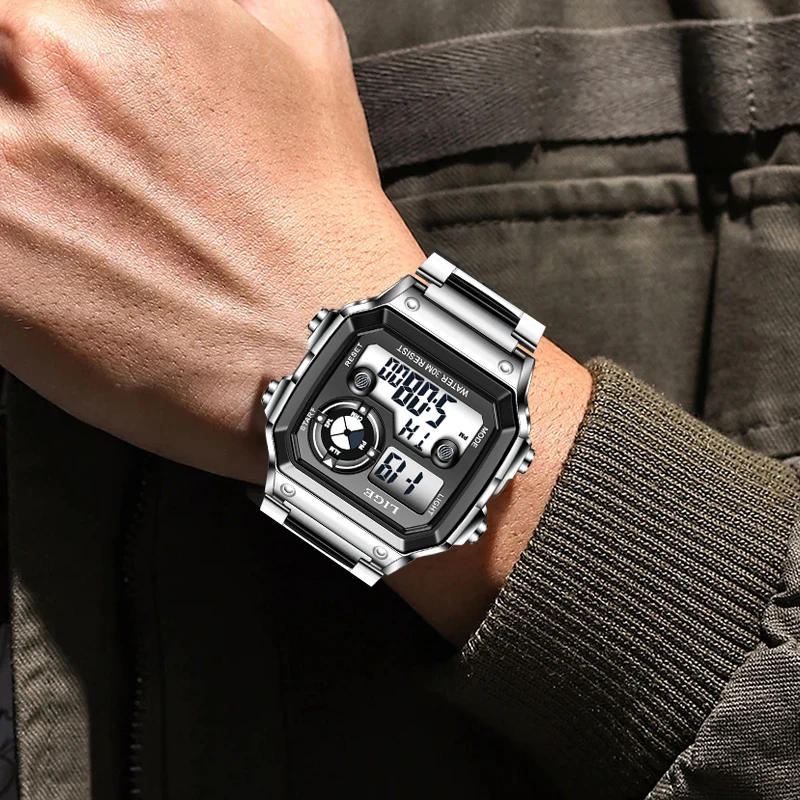 LIGE Fashion Casual Electronic Man Watch Sports Waterproof Luminous Alarm Stainless Steel Band Digital Men's Watches Chronograph view 6