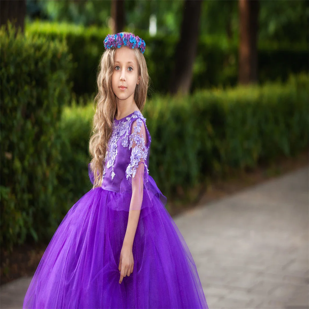 فساتين زفاف عيد الميلاد للفتيات على شكل زهرة أرجوانية برقبة جوهرة أول فستان للمناولة المقدسة تول فستاين سهرة/فساتين الحفلات للأطفال رسمية