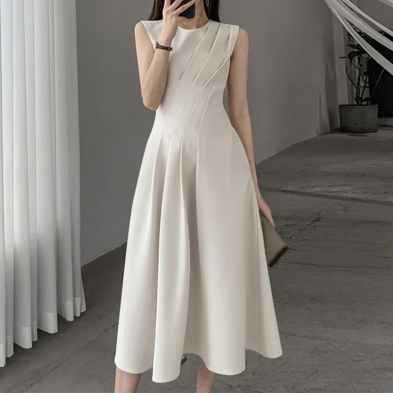 Robe trapèze pour femmes, couleur unie, col rond, sans manches, débardeur, élégante, tenue de soirée, été