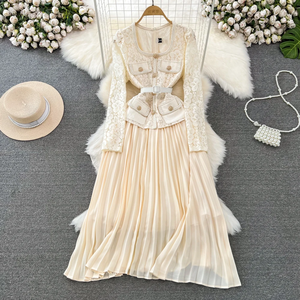 Women's Spring Autumn Vacation Long Sleeve Square Collar Lace Splicing Waist A-Line Large Swing Pleated Dress