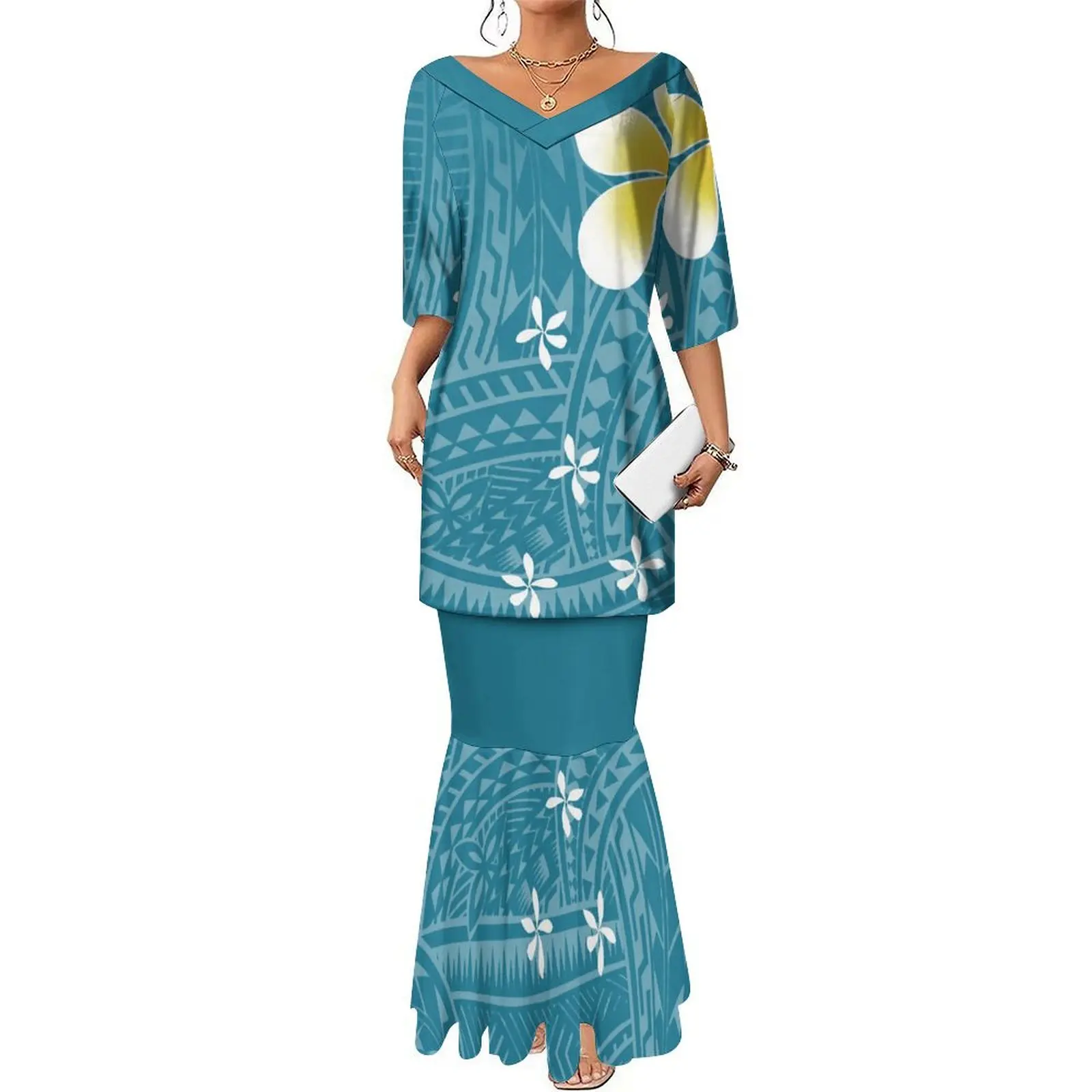 Fiji Island Style Fishtail Dress Custom Polynesian Puletasi Temperament Set Dress Summer Short Sleeve V-Neck Dress 2024