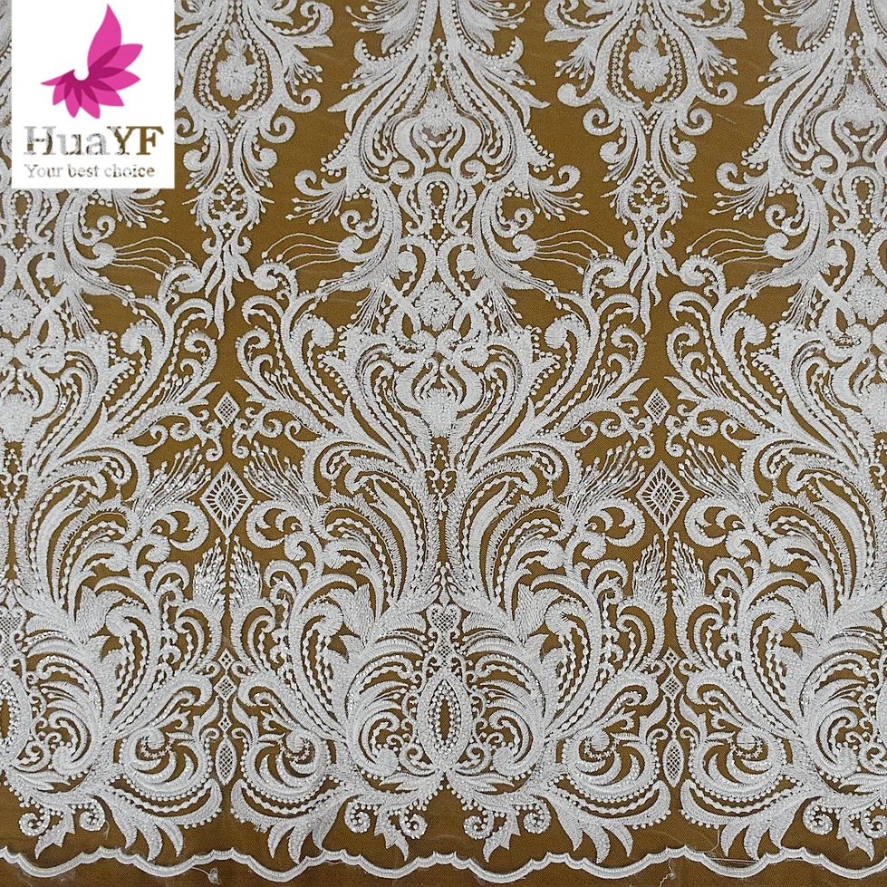 

Роскошное африканское чисто белое сетчатое кружевное свадебное платье с вышивкой, блестками и серебряными бусинами, 5 ярдов HY2044